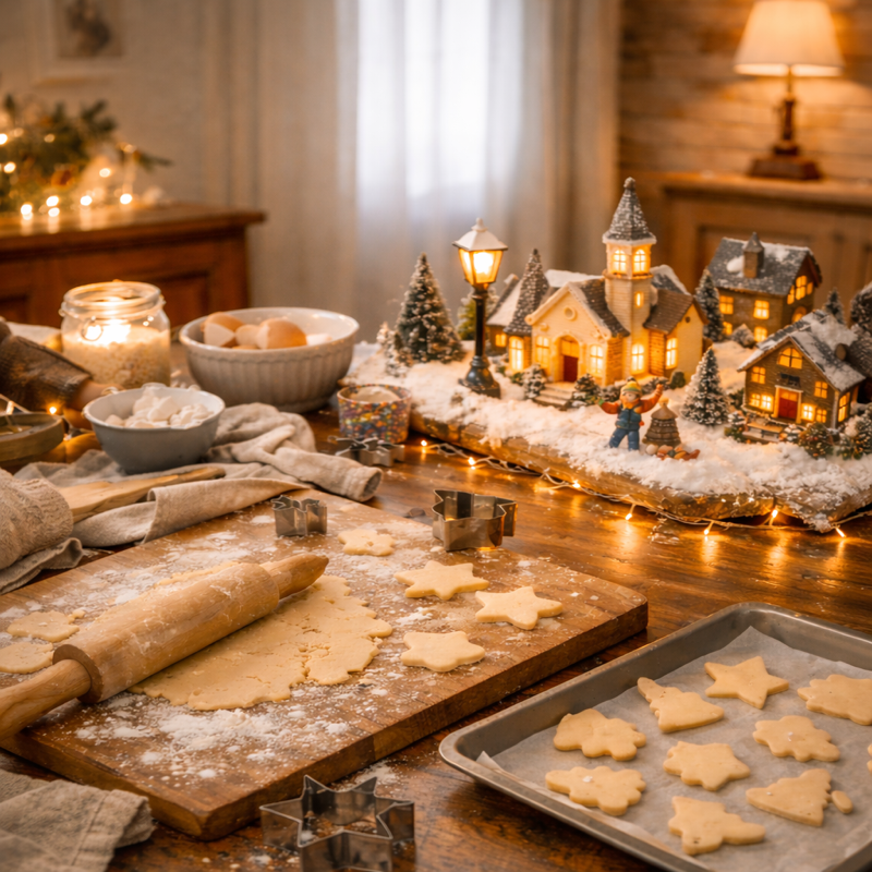 A cozy kitchen scene featuring a wooden table with rolled out cookie dough and star-shaped cookie cutouts. There are bowls filled with eggs and marshmallows, festive decorations, and a charming village display with snowy houses and twinkling lights.