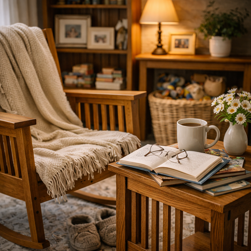 A cozy reading nook featuring a wooden rocking chair draped with a knitted blanket, a side table with an open book, reading glasses, and a steaming mug of coffee, alongside a small vase of daisies. In the background, there are bookshelves and a warm lamp.
