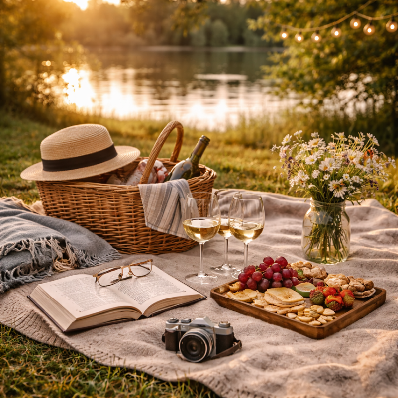 A cozy picnic setup by a lake featuring a wicker basket, a sun hat, two glasses of white wine, a plate of assorted snacks, a book with reading glasses on top, a vintage camera, and a vase of wildflowers, all bathed in warm sunset light.