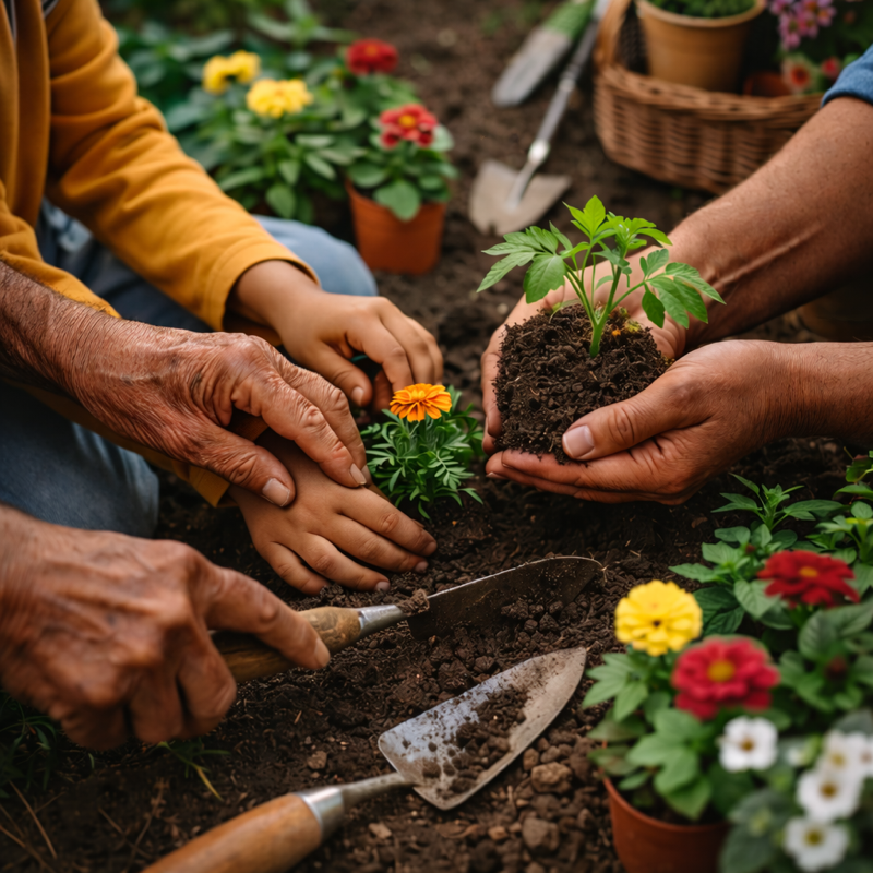 A close-up of hands planting a young tomato plant in a garden, surrounded by colorful flowers and gardening tools, depicting a family gardening activity.