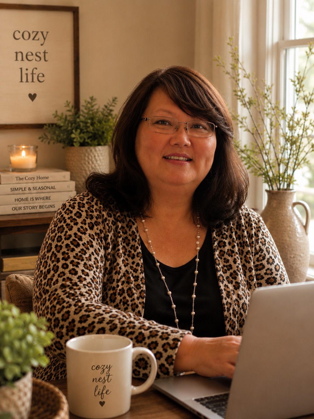 A woman with glasses wearing a leopard print cardigan sits at a desk with a laptop, a cup that says 'cozy nest life', and plants in the background. Soft sunlight filters through the window.