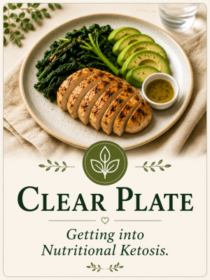 Grilled chicken breast slices served with steamed kale and sliced avocado on a beige plate, accompanied by a small bowl of dressing. The background features a glass of water and decorative plants, with text overlay reading 'Clear Plate' and 'Getting into Nutritional Ketosis.'