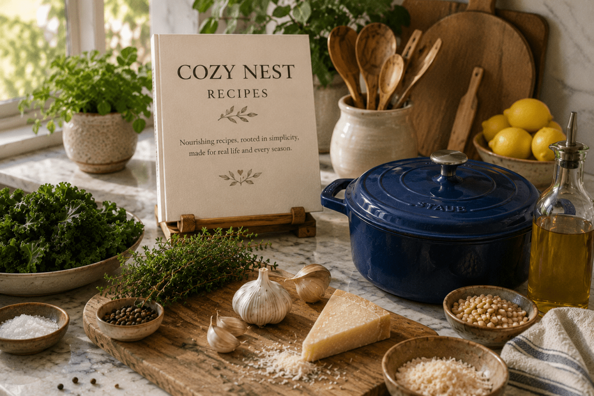 A cozy kitchen scene featuring a recipe book titled 'Cozy Nest Recipes' on a stand, surrounded by fresh ingredients like kale, garlic, and herbs. There is also a blue cooking pot, bowls of various seasonings, lemon, and oil present on a marble countertop.