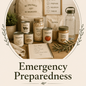 An arrangement of food staples and a backpack with the text 'Be Prepared, Be Nourished', alongside a notepad with a list of preparedness tips. Items include canned chickpeas, lentils, black beans, rolled oats, quinoa, tomatoes, and peanut butter, set against a neutral background.