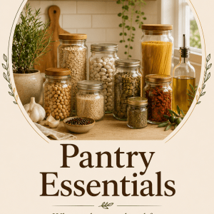 A collection of jars filled with various pantry essentials, including grains, beans, and spices, arranged on a kitchen counter with plants and olive oil in the background.