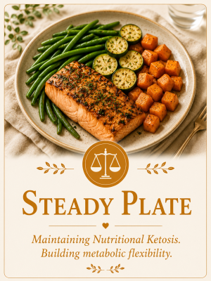 A plate featuring a grilled salmon fillet, sautéed green beans, sliced zucchini, and cubed sweet potatoes, with accompanying text about nutritional ketosis.