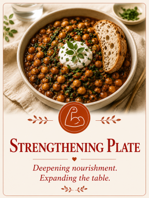A bowl of chickpeas topped with yogurt, garnished with herbs, accompanied by a slice of bread. Text overlay reads 'Strengthening Plate' with the tagline 'Deepening nourishment. Expanding the table.'