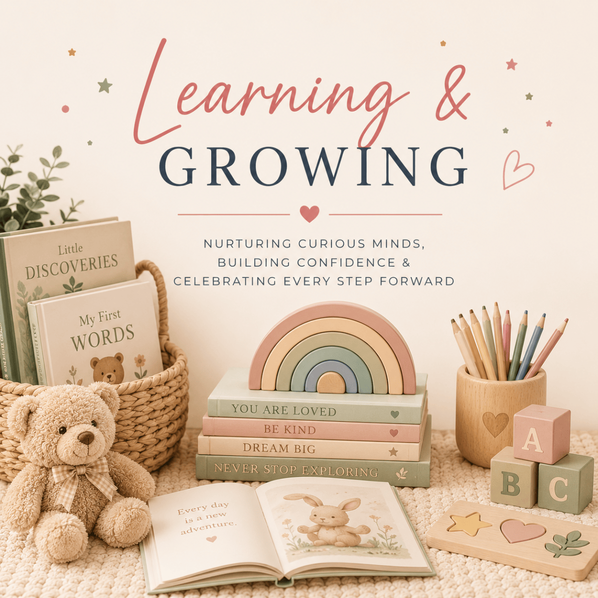 A cozy, themed arrangement featuring colorful children's books, a teddy bear, a rainbow stacker toy, and art supplies, with the phrase 'Learning & Growing' prominently displayed.