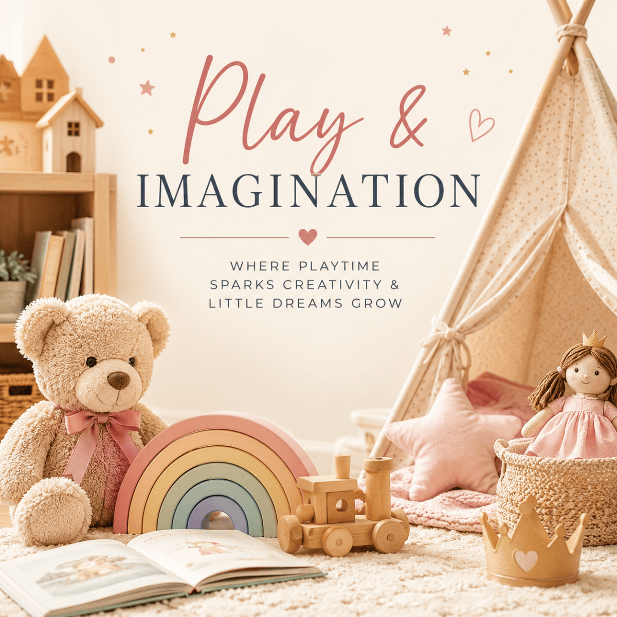 A cozy children's play area featuring a teddy bear, a rainbow toy, and a doll, with a decorative tent and books in the background, conveying a theme of play and imagination.