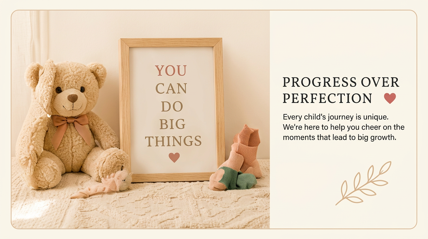A cozy room setting featuring a plush teddy bear with a bow, a motivational framed quote that says 'YOU CAN DO BIG THINGS,' and colorful soft toys on a textured blanket.
