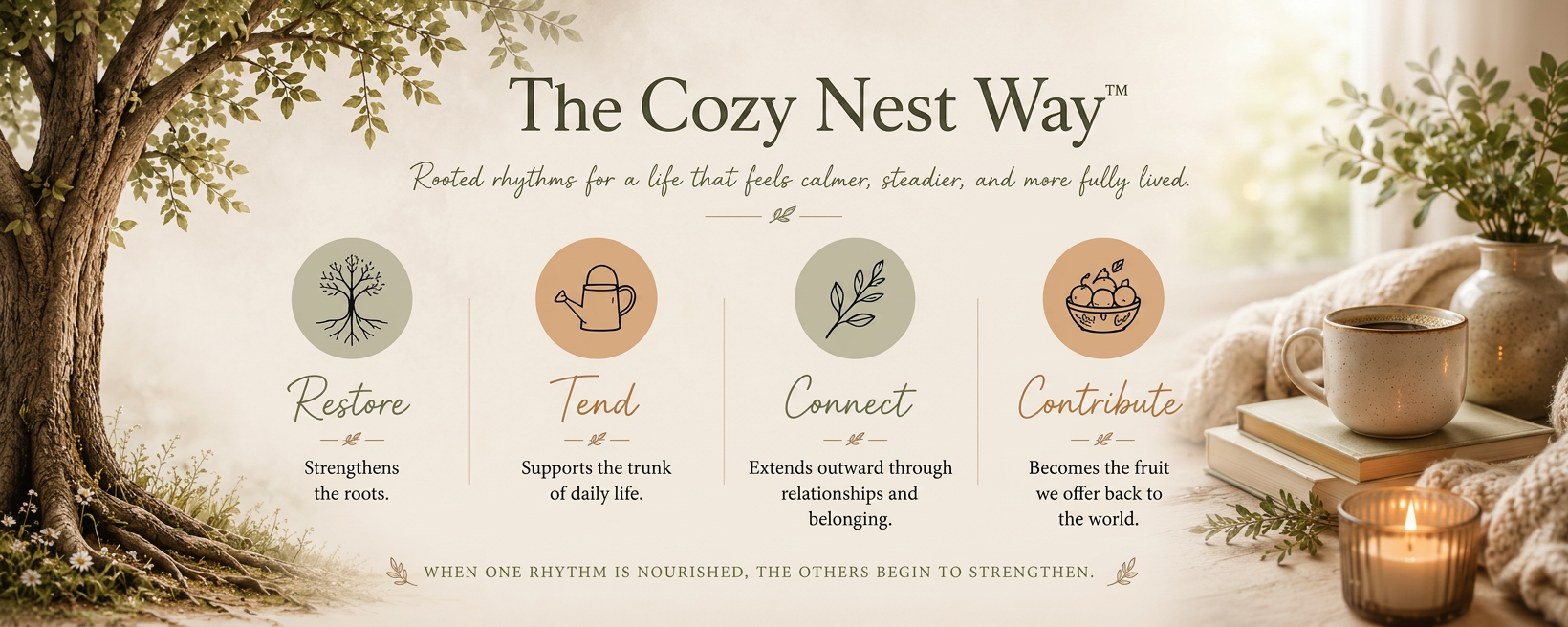 Cozy Nest Way Banner Graphic An illustration featuring a large tree representing growth and stability, with the text 'The Cozy Nest Way' at the top. Below, four key concepts are outlined: 'Restore', 'Tend', 'Connect', and 'Contribute', each accompanied by icons that symbolize nurturing and relationships. The background is soft and warm, suggesting a calm and inviting atmosphere.